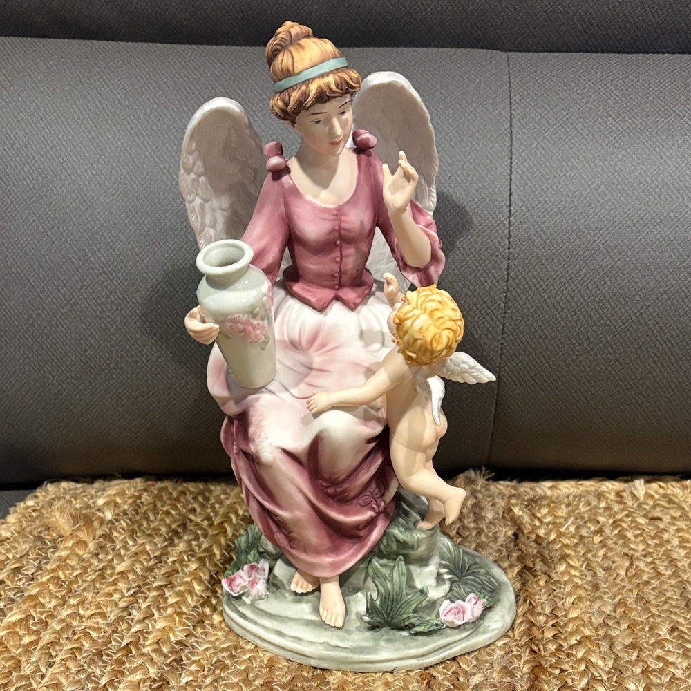 Grandeur Porcelain Angel in Pink w/ Vase & Cherub Standing Hand Painted 10" H